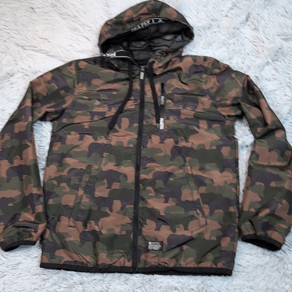 Matix Jacket Mens M‎ Green Camo Hood Windbreaker Zip Up Hunting Pockets Casual